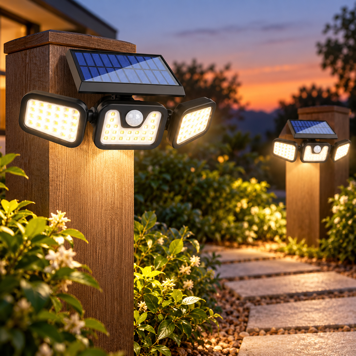 Pachet 2 lămpi solare LED pentru exterior, 74 LED-uri fiecare, 3 spoturi reglabile, senzor de mișcare și 3 moduri de iluminare