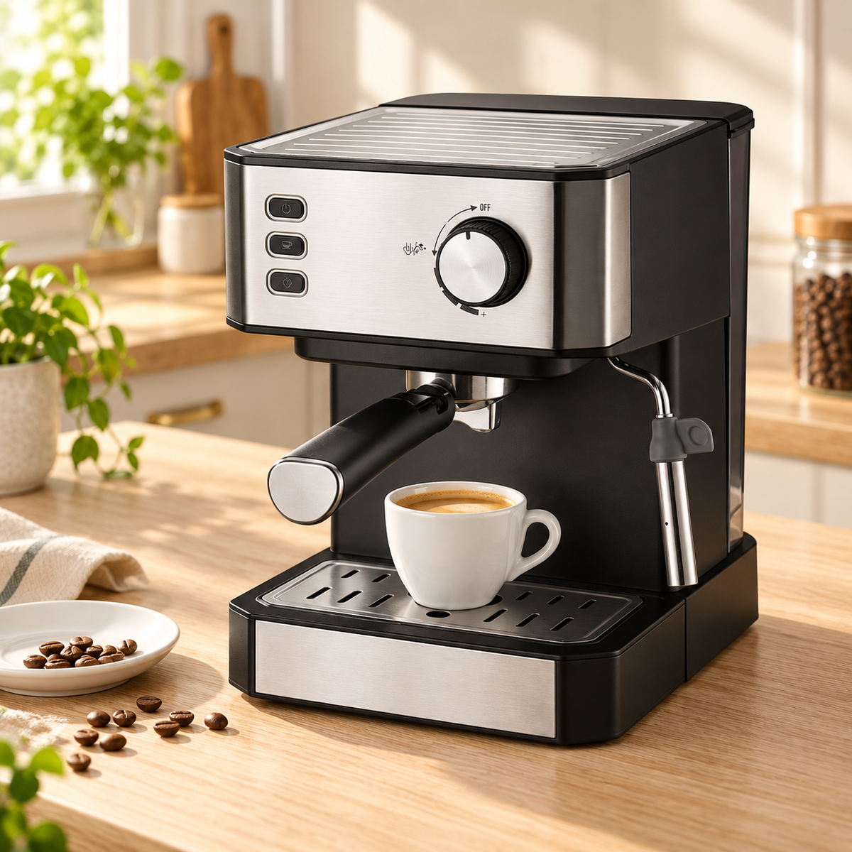 Espressor manual cu portafiltru, 850 W, rezervor 1,5 L și duză pentru spumarea laptelui, negru/inox