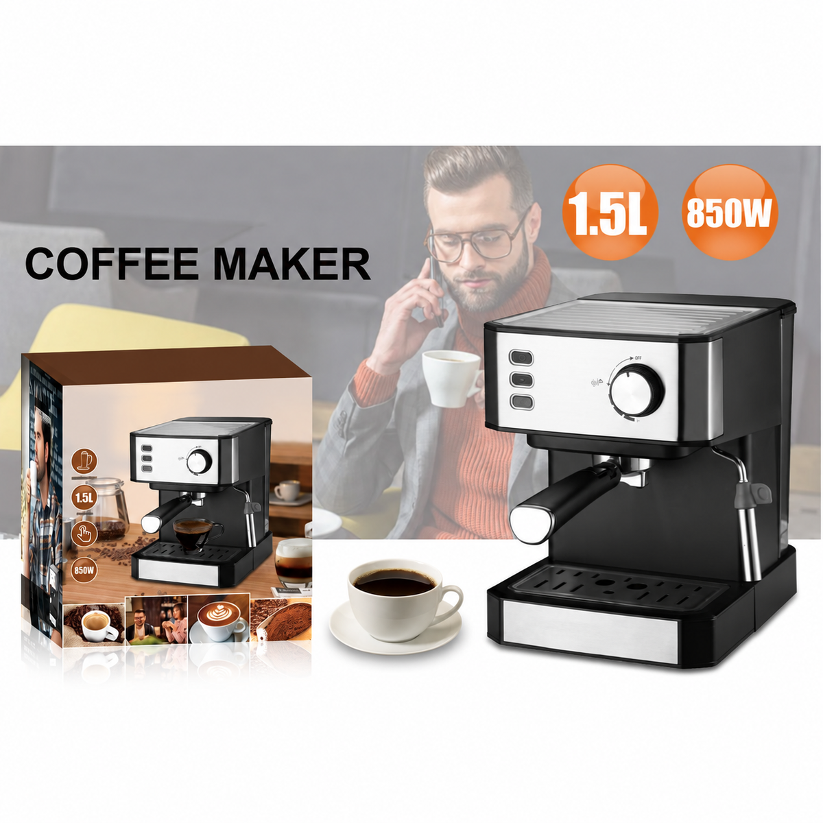 Espressor manual cu portafiltru, 850 W, rezervor 1,5 L și duză pentru spumarea laptelui, negru/inox