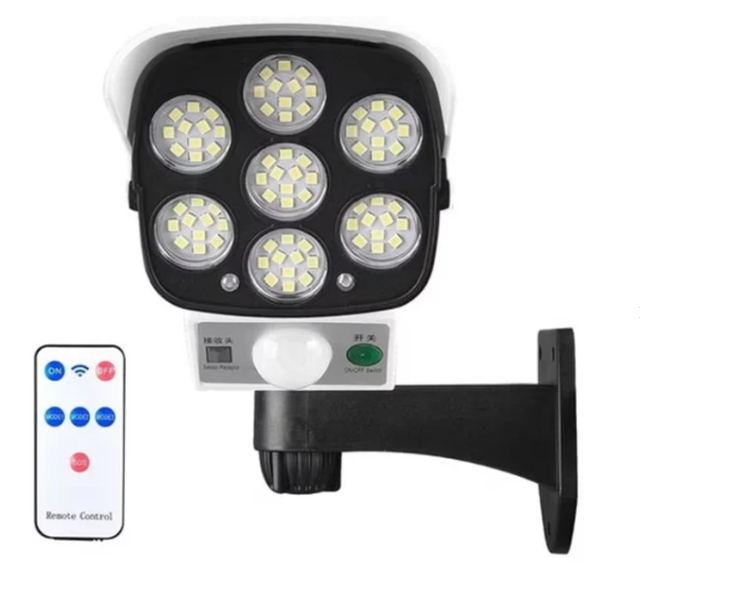 Lampă Solară Exterior cu Senzor de Mișcare, Telecomandă și 77 LED-uri – Model Cameră Supraveghere, IP65
