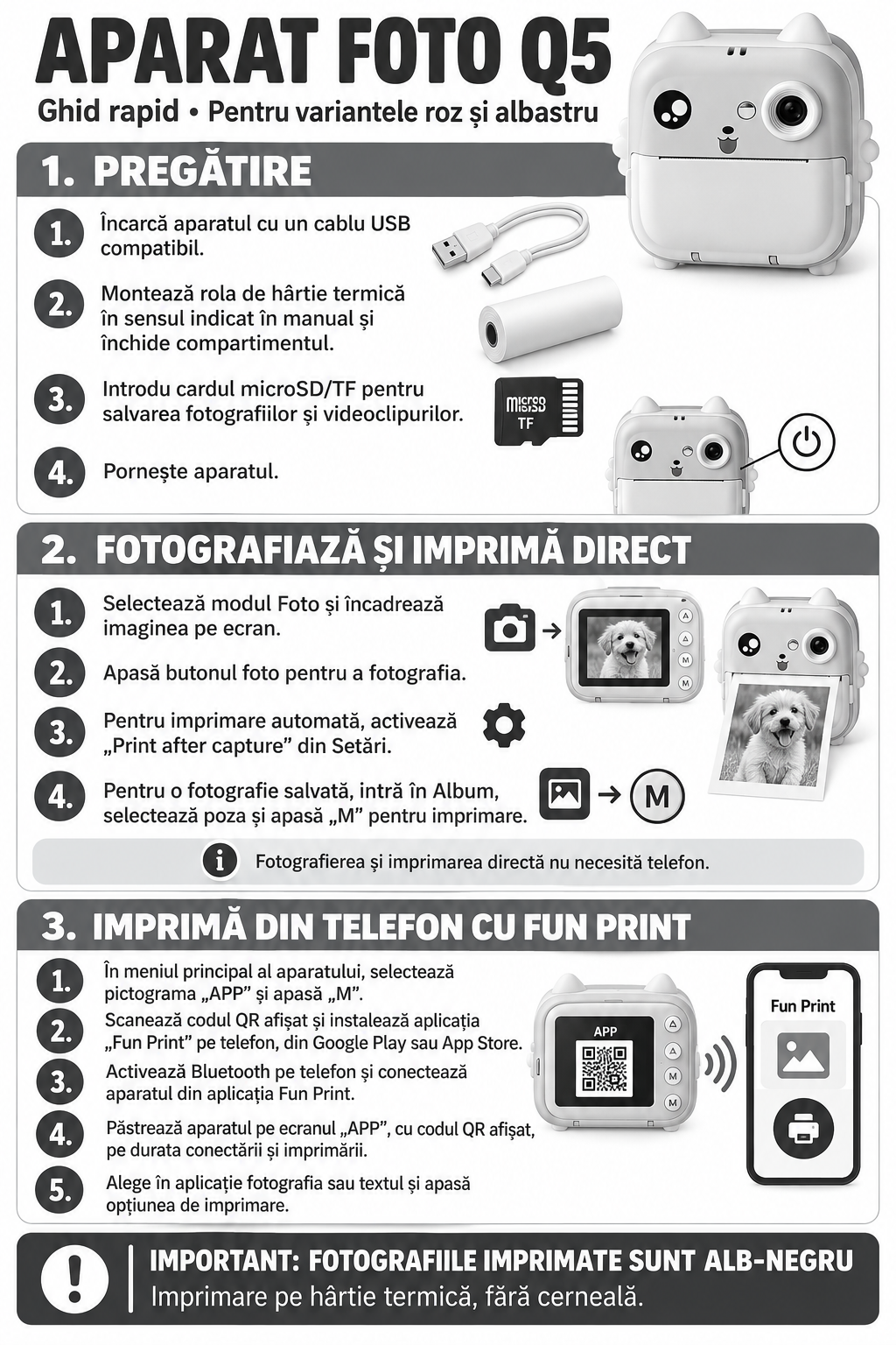Aparat foto pentru copii Q5, cu imprimare termică instant, ecran 2,4″ și aplicație Fun Print + card de memorie inclus – Albastru