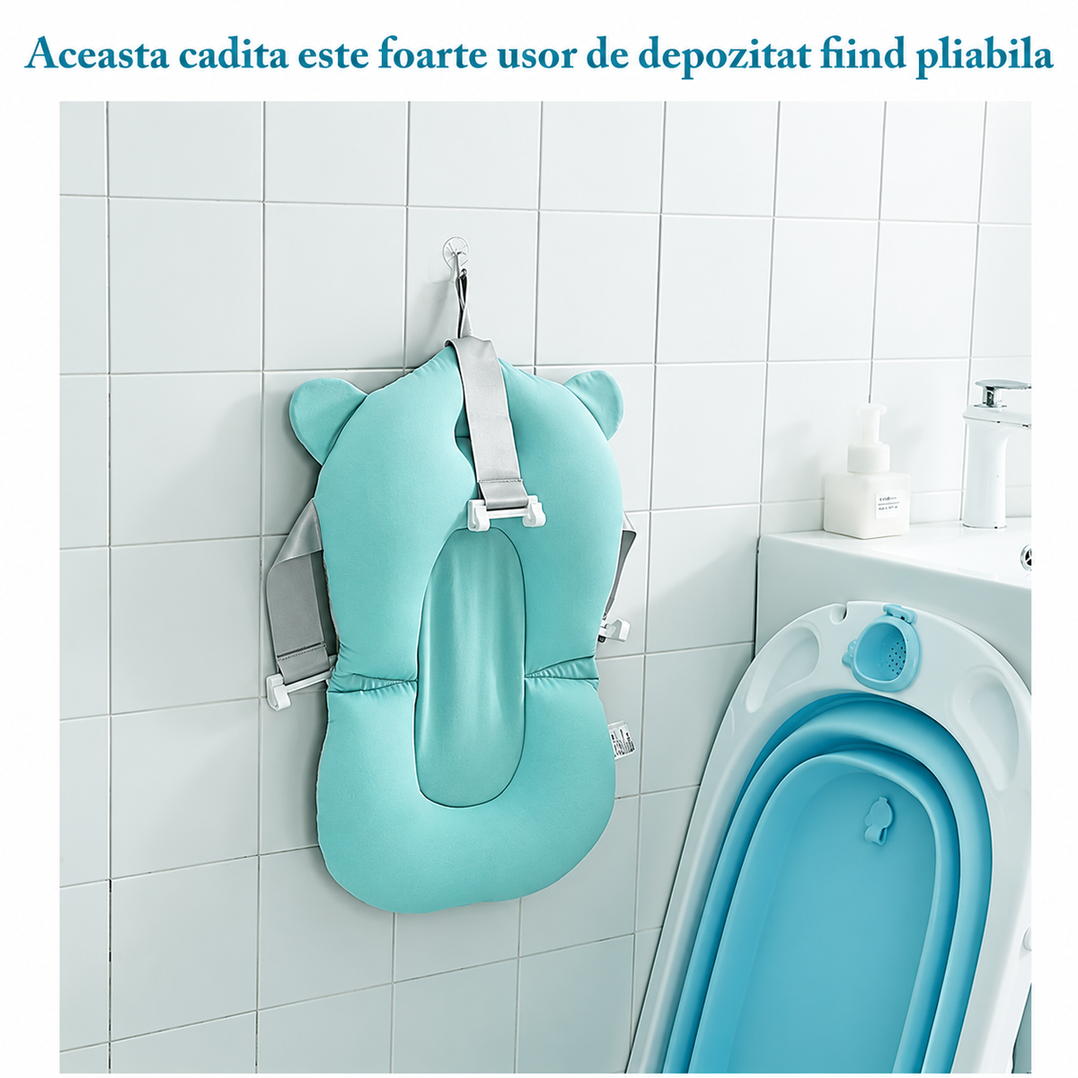 Cădiță pliabilă pentru bebeluși, cu pernuță și termometru electronic, 80 × 50 × 20 cm, alb/albastru