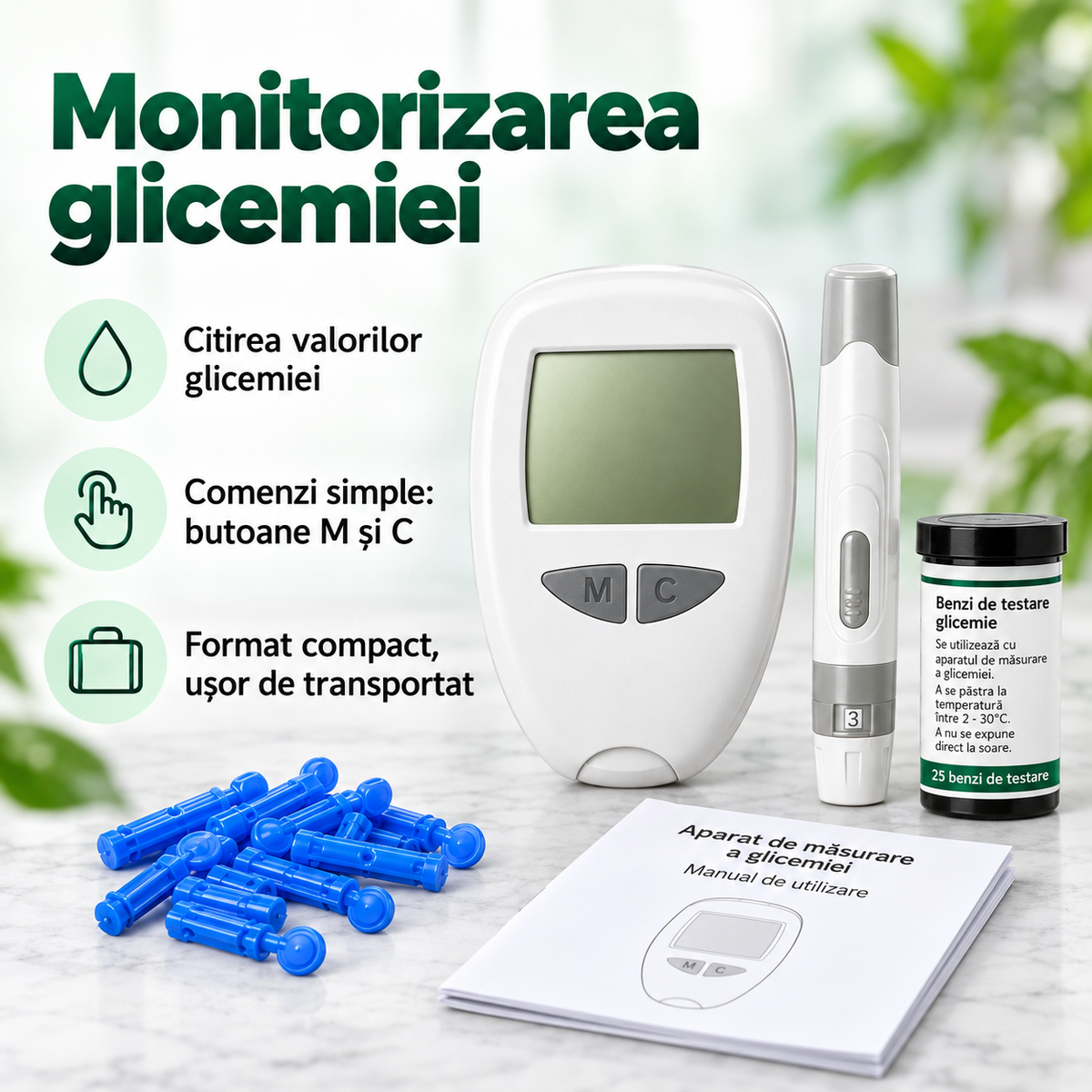 Kit glucometru digital cu 50 de teste, 50 de lanțete și stilou de înțepare, afișaj mare