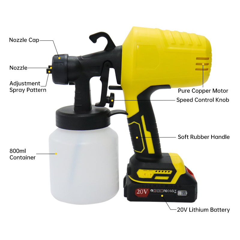 Pistol de Vopsit Portabil cu Baterie 20V – 3000 PSI Presiune Profesională, 800ml Container, Sistem HVLP fără Fir