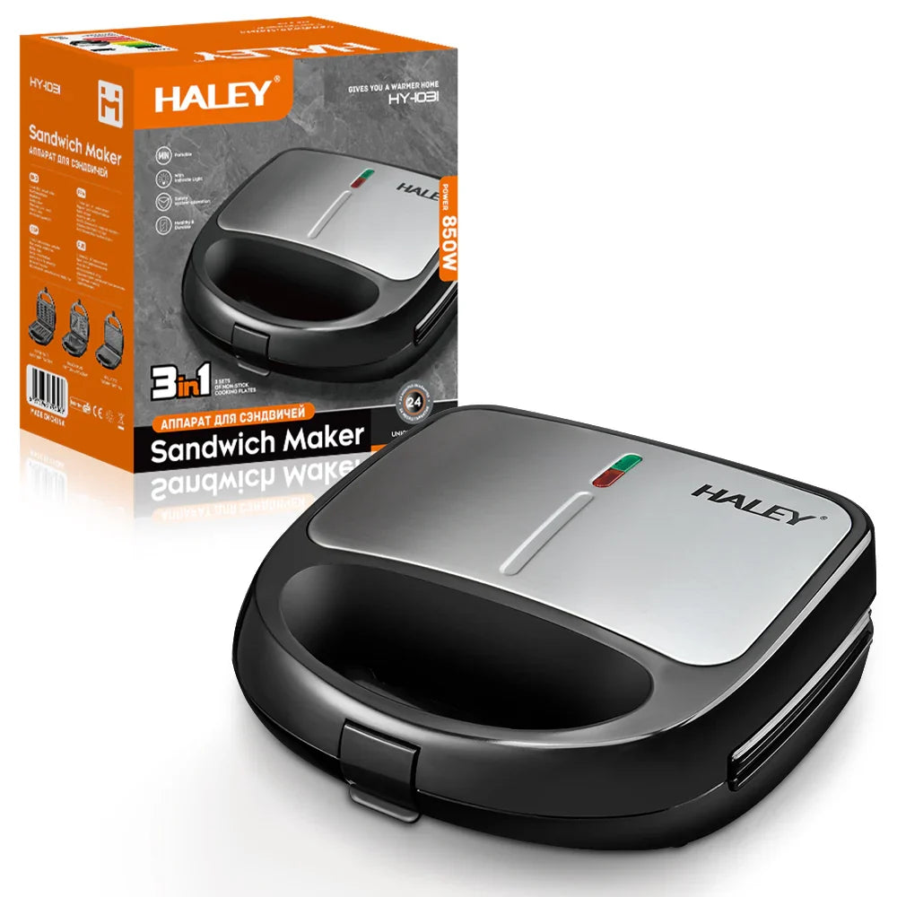 Sandwich Maker 3 în 1 HALEY HY-1031, Plăci Antiaderente pentru Sandwich, Grill și Waffle, Design Compact, Negru