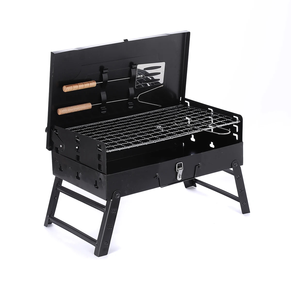 Grătar de grădină portabil pliabil cu accesorii – design compact 44 × 27 × 22 cm