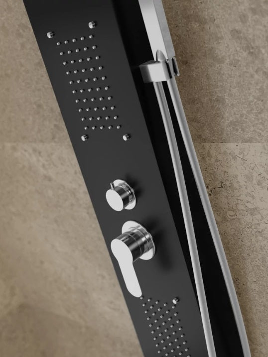 Panou de dus negru modern, inox lucios, 4 functii, comanda monocomanda, para inclusa