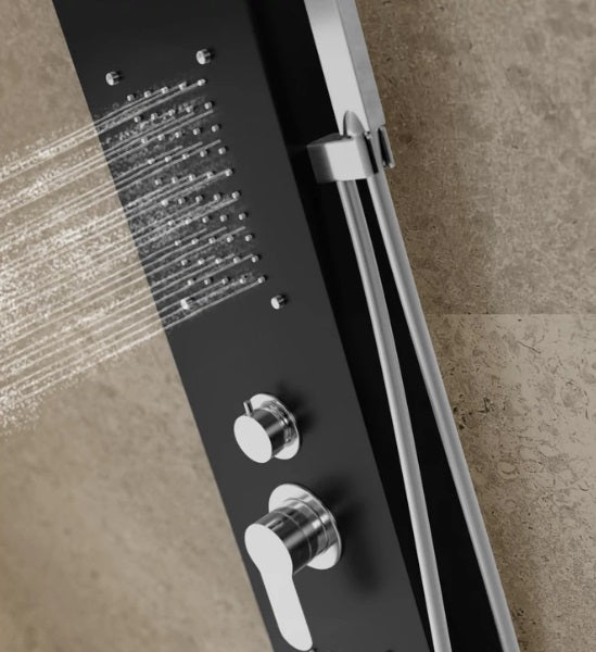 Panou de dus negru modern, inox lucios, 4 functii, comanda monocomanda, para inclusa