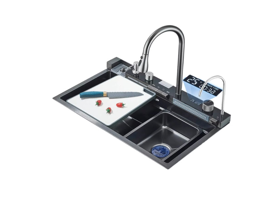 Chiuveta multifunctionala bucatarie cu dus extractabil, afisaj LCD, tocator ABS si accesorii incluse, 750x460 mm, gri grafit