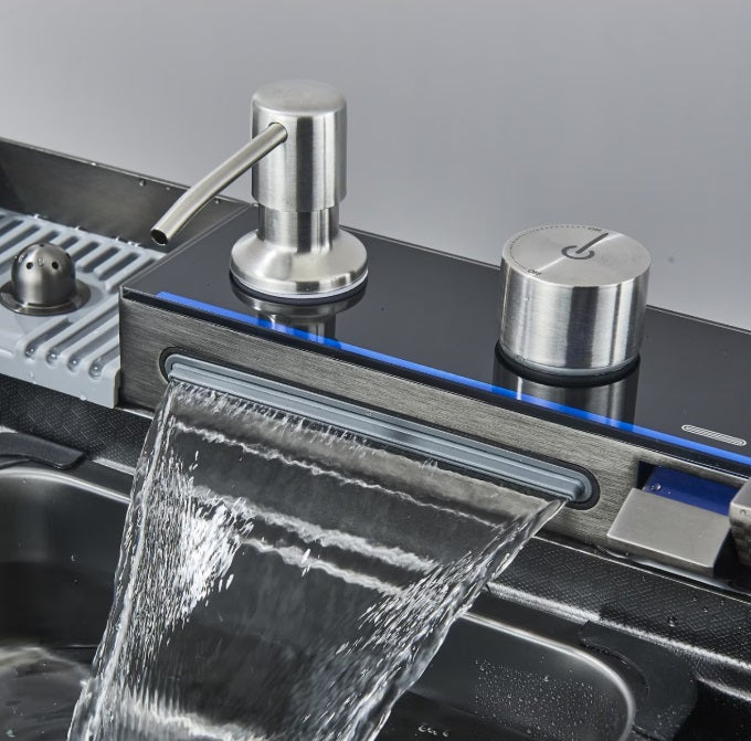 Chiuveta multifunctionala bucatarie cu dus extractabil, afisaj LCD, tocator ABS si accesorii incluse, 750x460 mm, gri grafit