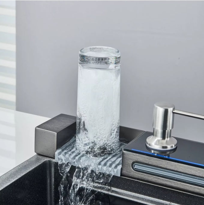 Chiuveta multifunctionala bucatarie cu dus extractabil, afisaj LCD, tocator ABS si accesorii incluse, 750x460 mm, gri grafit