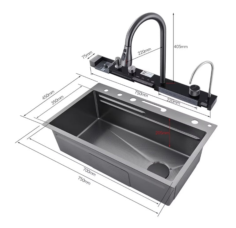 Chiuveta multifunctionala bucatarie cu dus extractabil, afisaj LCD, tocator ABS si accesorii incluse, 750x460 mm, gri grafit