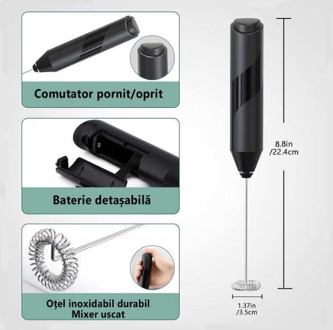 Mixer electric pentru spumare lapte, baterie, negru, pentru bauturi calde