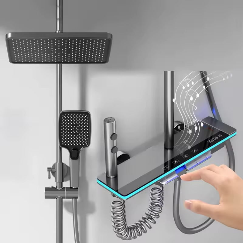 Coloană de duș cu termostat și LED, 4 funcţii, cap duș ploaie 300x200 mm, lumina ambientală