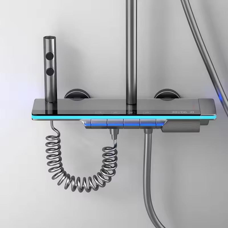 Coloană de duș cu termostat și LED, 4 funcţii, cap duș ploaie 300x200 mm, lumina ambientală