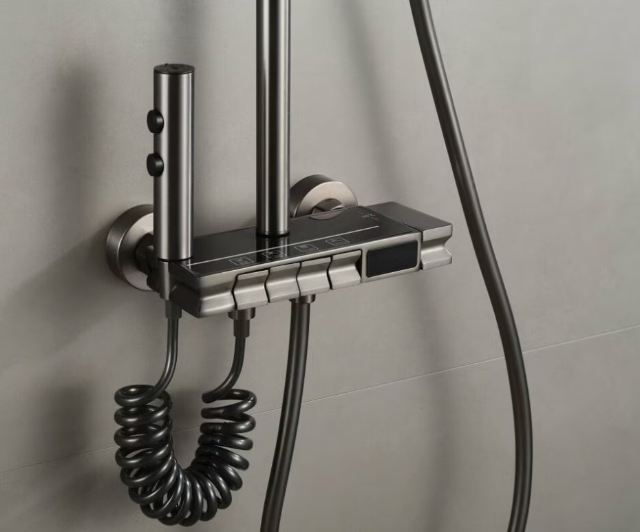 Coloană de duș cu termostat și afișaj electronic, multiple funcții de jet și LED