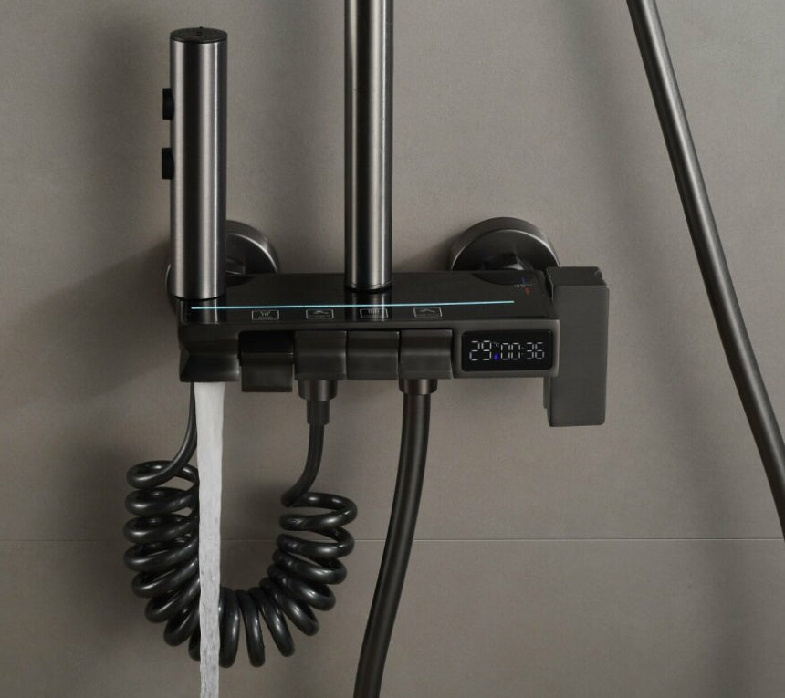 Coloană de duș cu termostat și afișaj electronic, multiple funcții de jet și LED