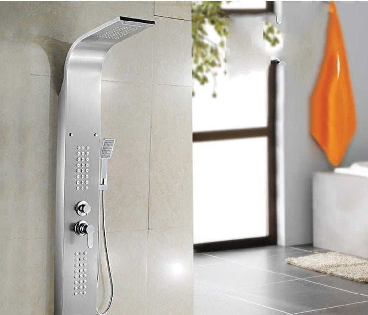 Panou de duș din inox, 4 funcții, monocomandă, cu pară inclusă, finisaj lucios argintiu