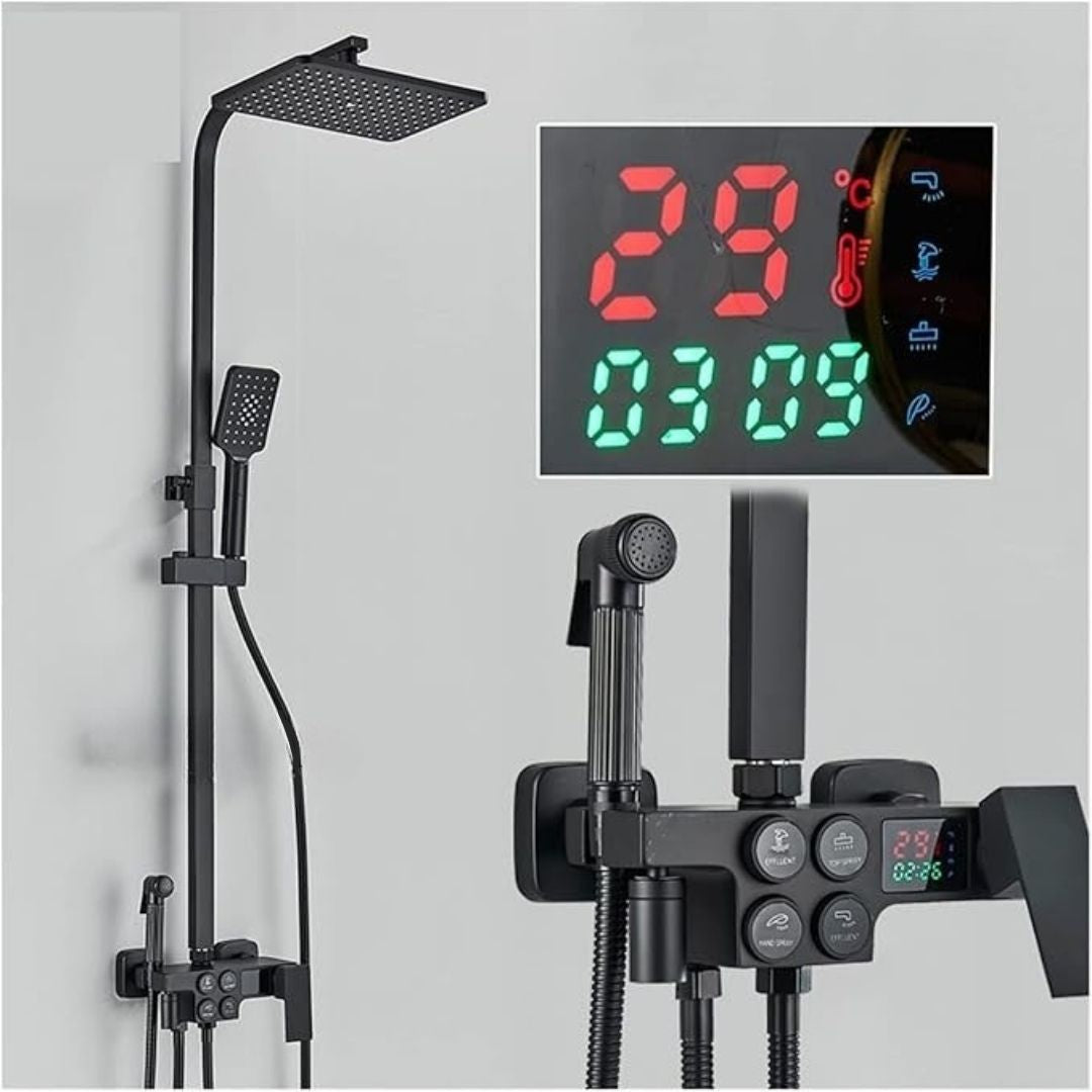 Set duș termostatic negru cu afișaj LCD, cap ploaie torențială, robinet cadă, design modern