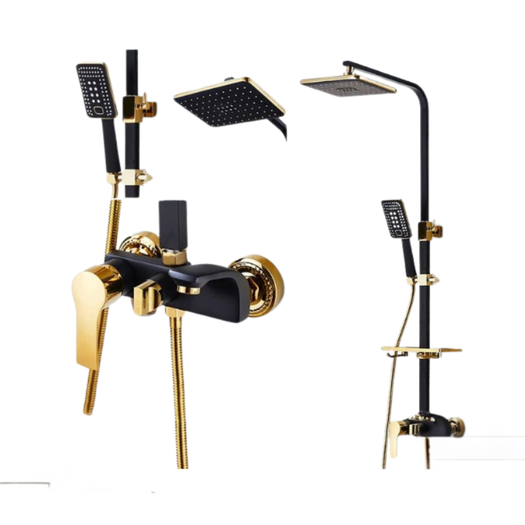 Set de duș premium negru și auriu cu cap ploaie și pistol multifuncțional