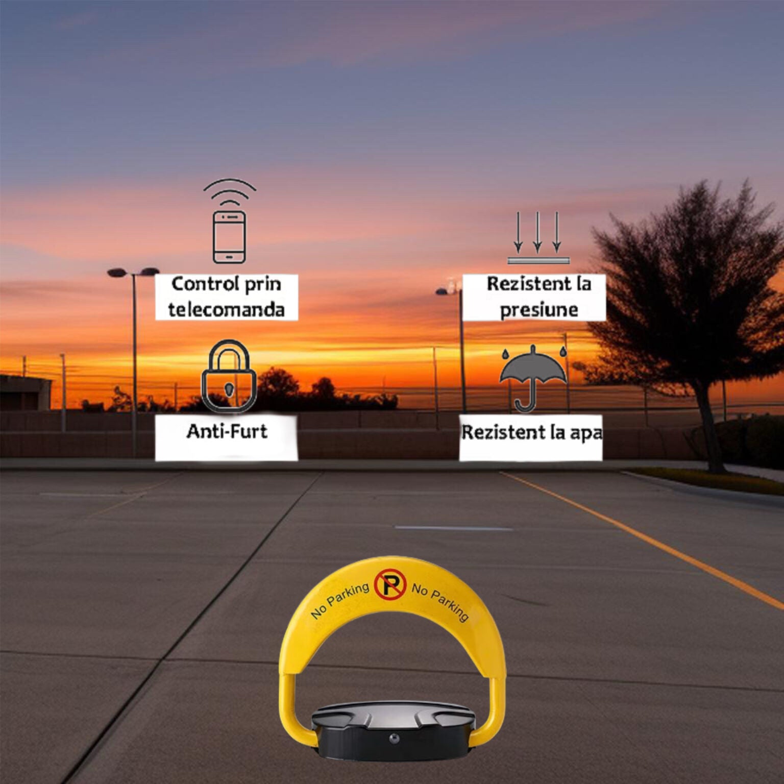 Blocator Automat Loc Parcare cu Telecomandă și Alarmă Antifurt, 2 Tone, Galben/Negru