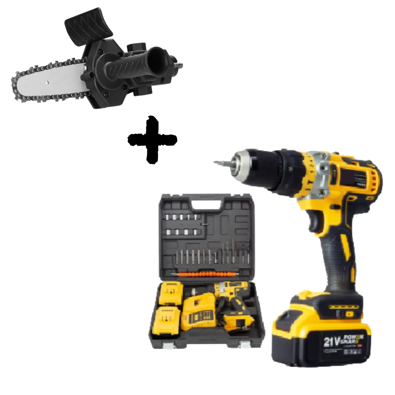 Pachet Promo – Bormașină Autofiletantă 24V cu Percuție + Adaptor Drujbă pentru Bormașină, 2 Acumulatori