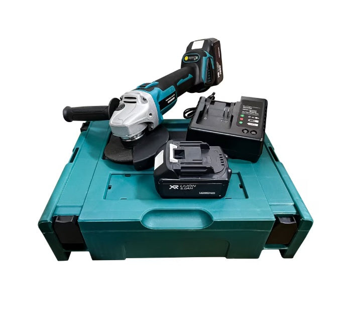 Polizor Unghiular (Flex) 48V 5Ah cu 2 Acumulatori, Încărcător, Mâner și Cheie, Albastru