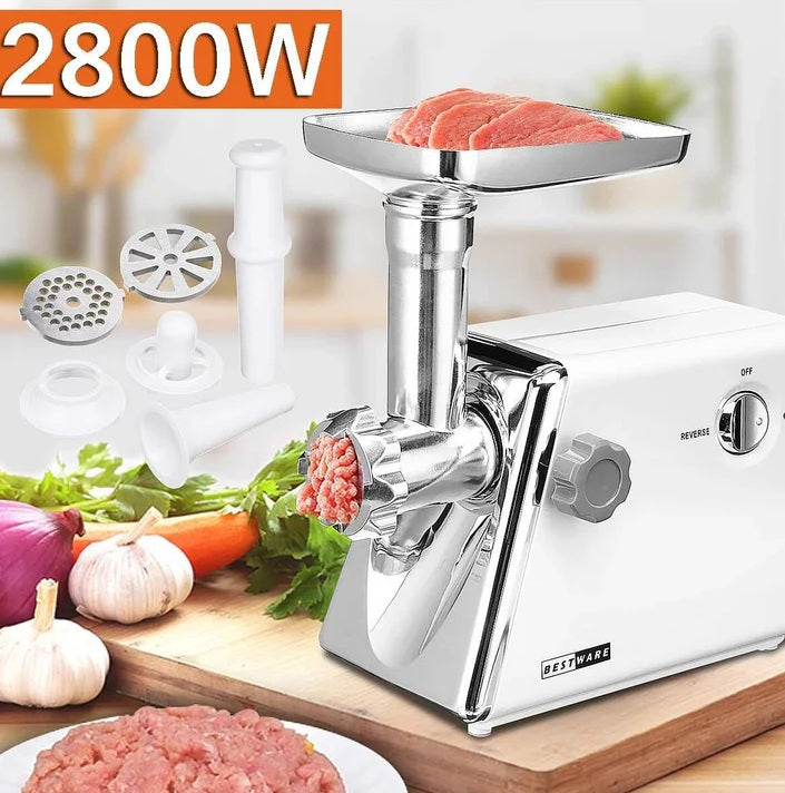 Mașină Electrică de Tocat Carne 2800W cu 3 Site din Oțel Inox, Funcție Invers, Accesorii Incluse – Alb