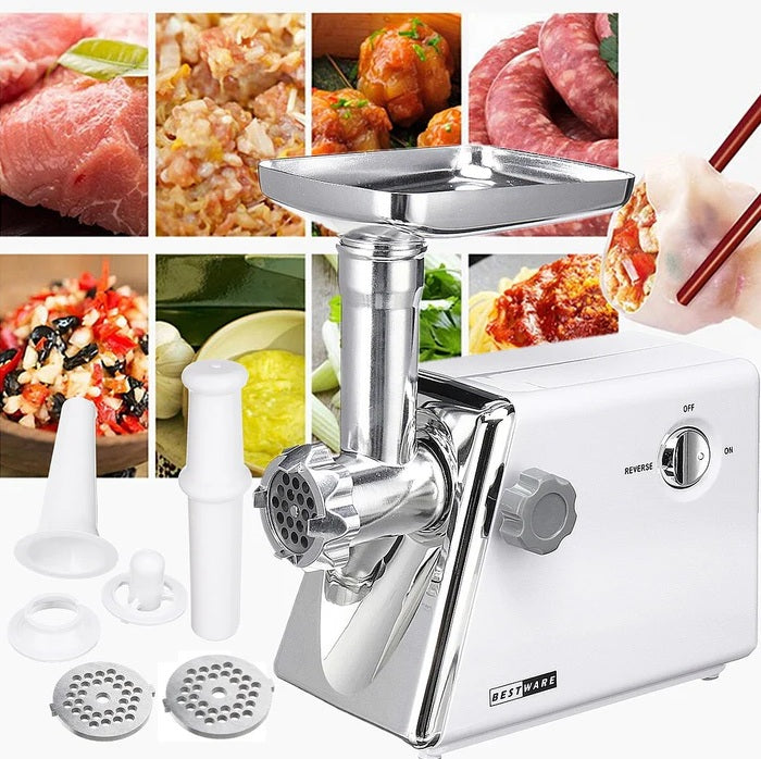 Mașină Electrică de Tocat Carne 2800W cu 3 Site din Oțel Inox, Funcție Invers, Accesorii Incluse – Alb