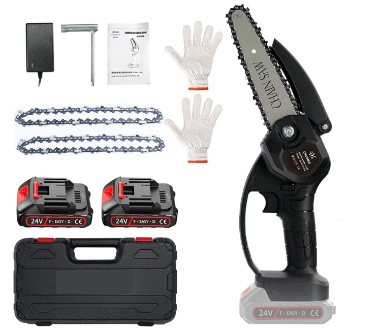 Mini fierastrau electric portabil cu lant, 24V, 1500mAh, 2 baterii, 2 lanturi – Negru