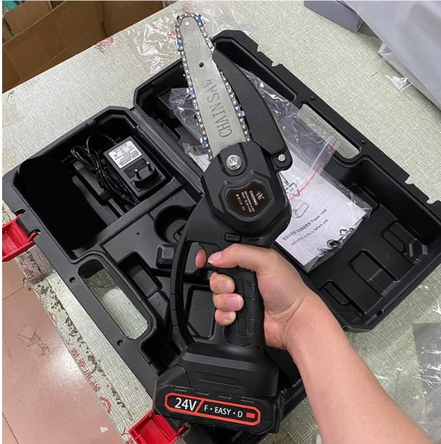 Mini fierastrau electric portabil cu lant, 24V, 1500mAh, 2 baterii, 2 lanturi – Negru