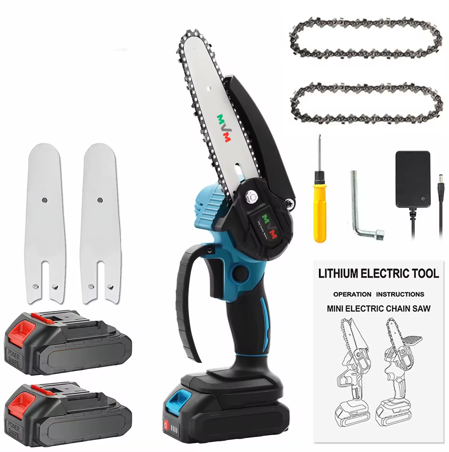 Mini drujbă electrică portabilă cu lamă de 4 inch, 2 acumulatori și 2 lanțuri