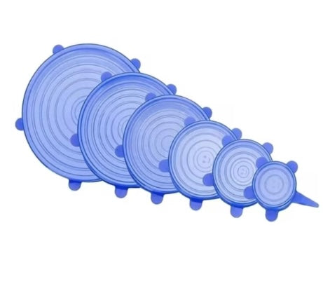 Set 6 capace universale din silicon flexibil, reutilizabile, albastru/transparent
