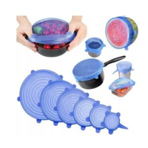 Set 6 capace universale din silicon flexibil, reutilizabile, albastru/transparent