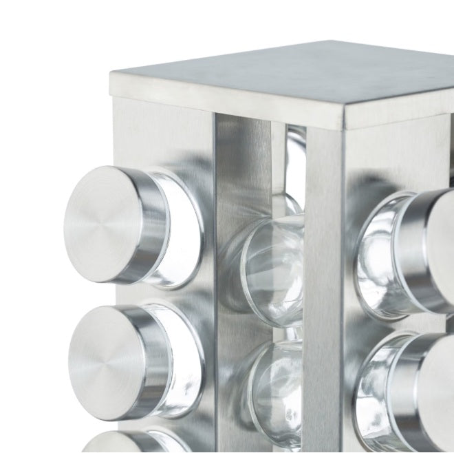 Set 16 recipiente din sticlă pentru condimente cu suport rotativ din inox – 19×28 cm