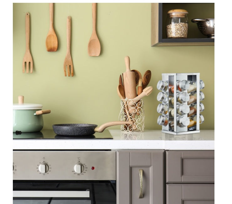 Set 16 recipiente din sticlă pentru condimente cu suport rotativ din inox – 19×28 cm