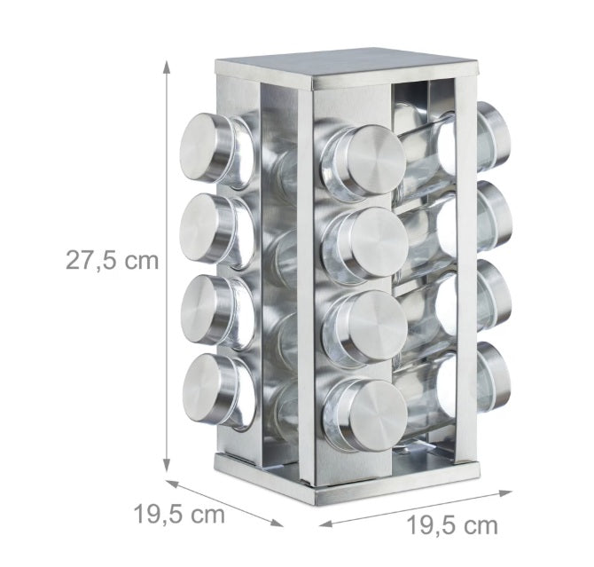 Set 16 recipiente din sticlă pentru condimente cu suport rotativ din inox – 19×28 cm