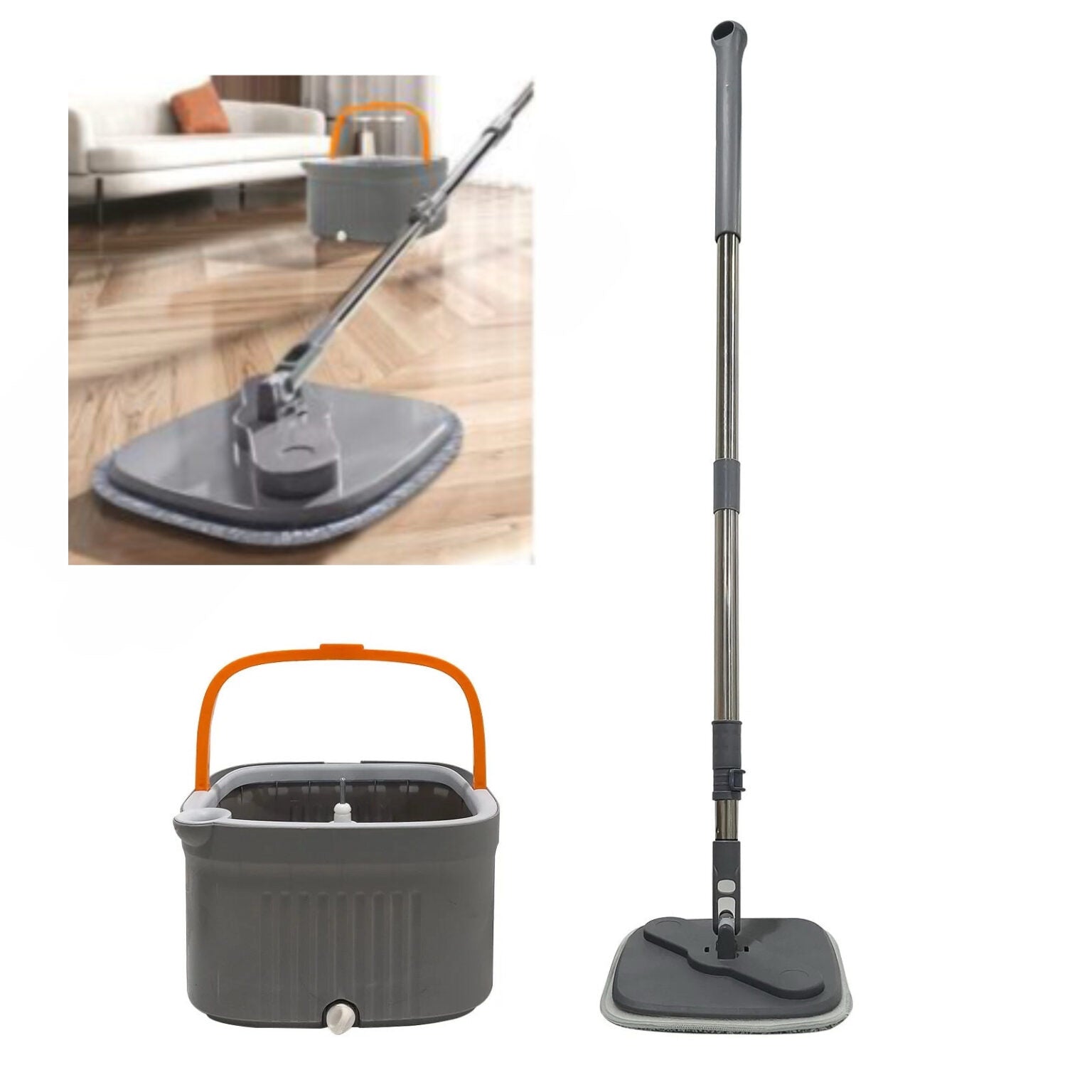 Set curățenie mop rotativ pătrat – galeată 2,6L, maner inox, mop microfibră, sistem separare apă