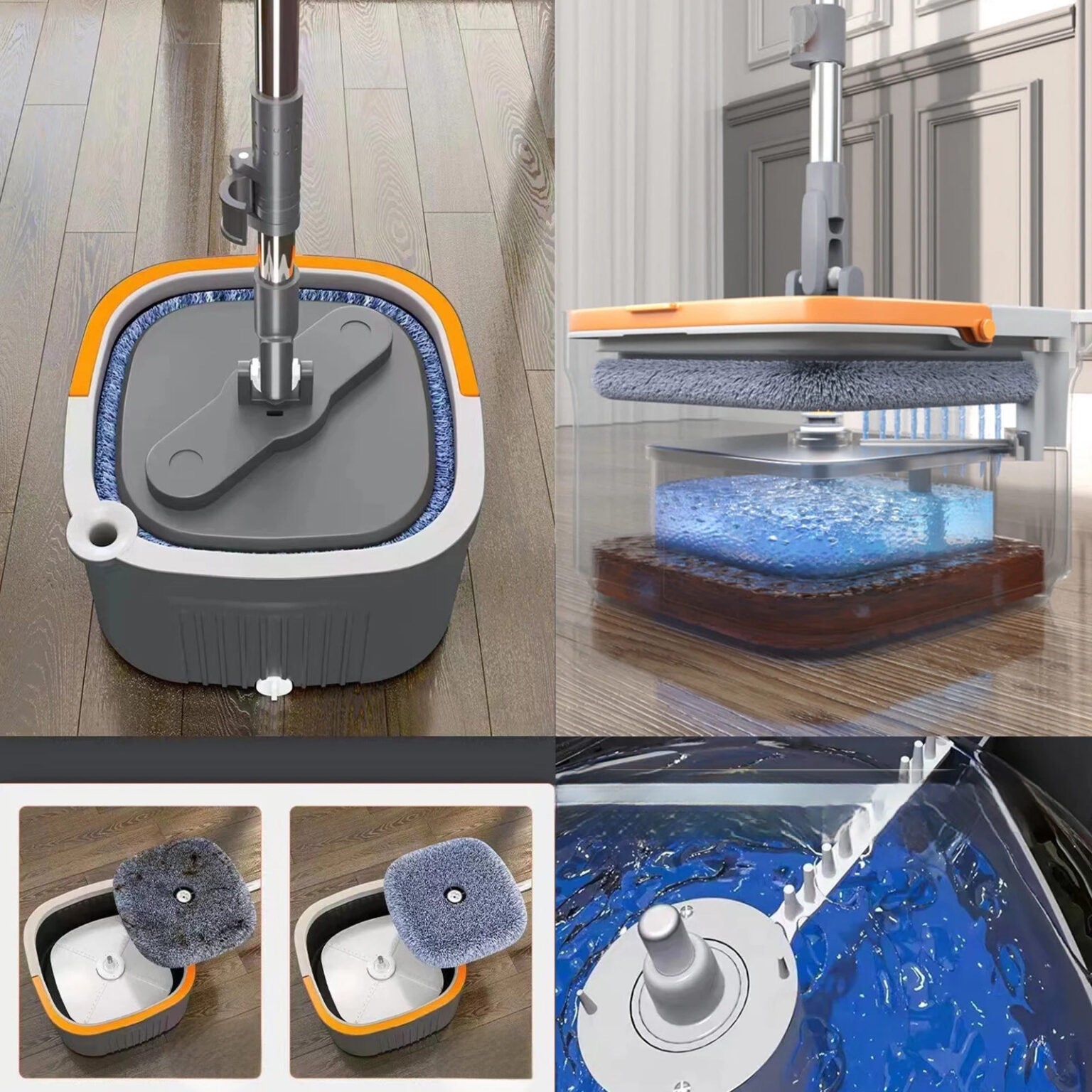 Set curățenie mop rotativ pătrat – galeată 2,6L, maner inox, mop microfibră, sistem separare apă