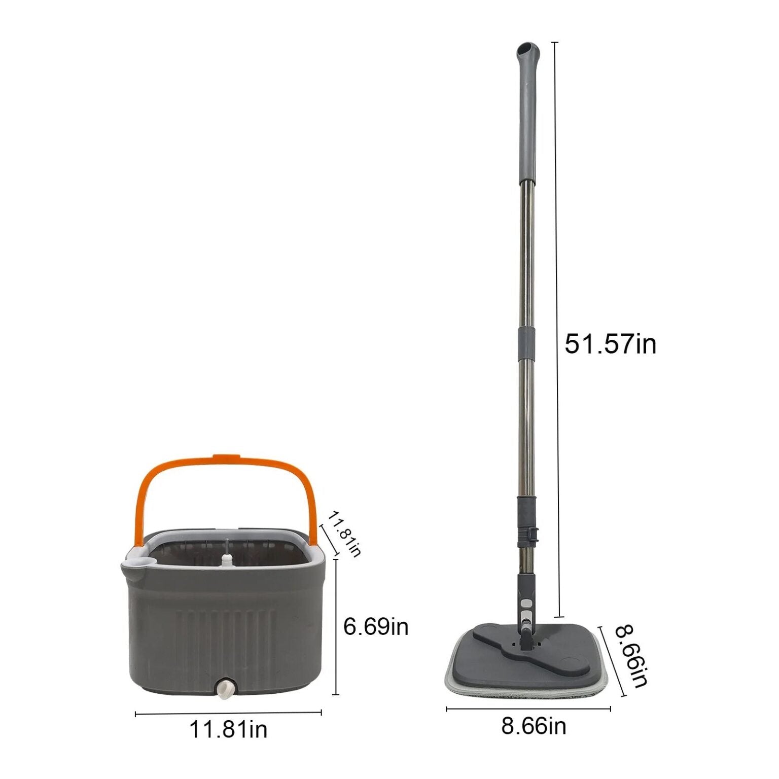 Set curățenie mop rotativ pătrat – galeată 2,6L, maner inox, mop microfibră, sistem separare apă