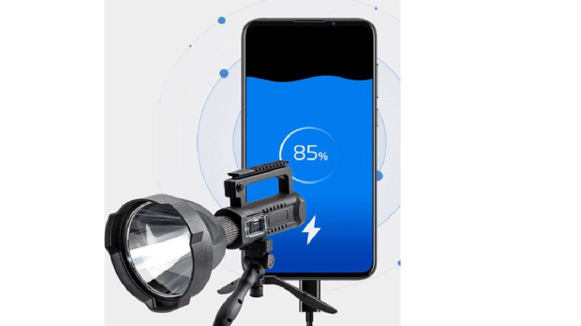 Lanternă LED portabilă cu acumulator + powerbank, 4 moduri, suport trepied