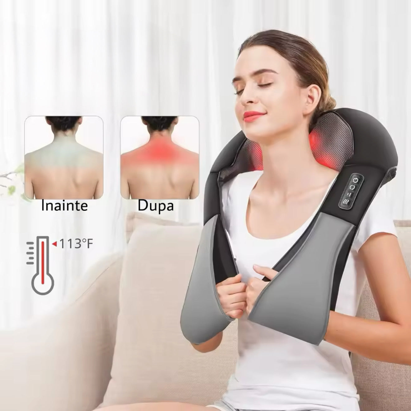 Dispozitiv 3D masaj electric spate-gât-umeri cu încălzire și role bidirecționale