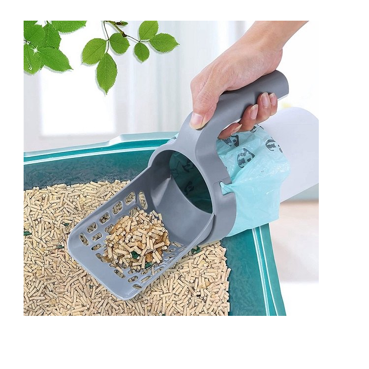 Lopatică pentru litiera pisicii cu coș colector și 120 de saci inclusi – gri