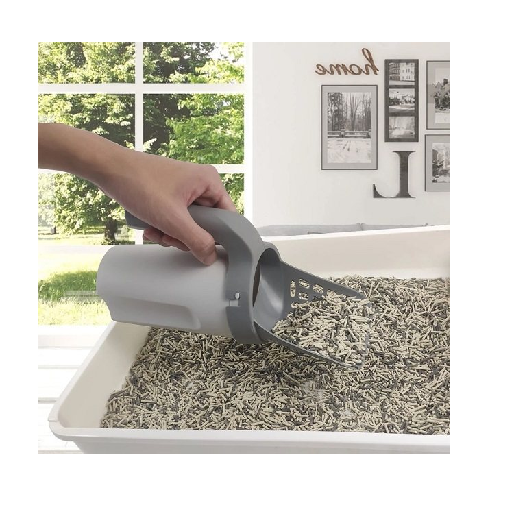 Lopatică pentru litiera pisicii cu coș colector și 120 de saci inclusi – gri