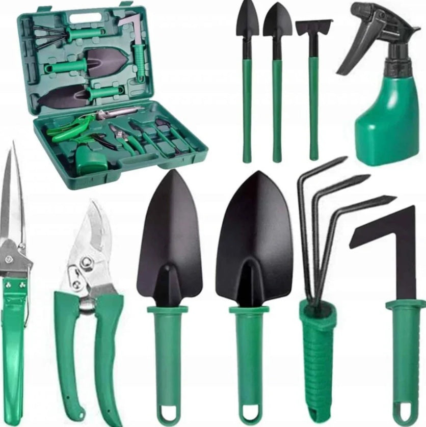 Set unelte de grădină 12 piese cu valiză verde — complet și organizat