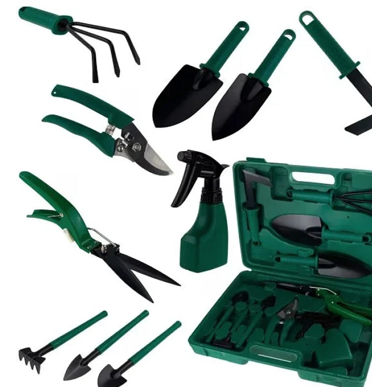Set unelte de grădină 12 piese cu valiză verde — complet și organizat