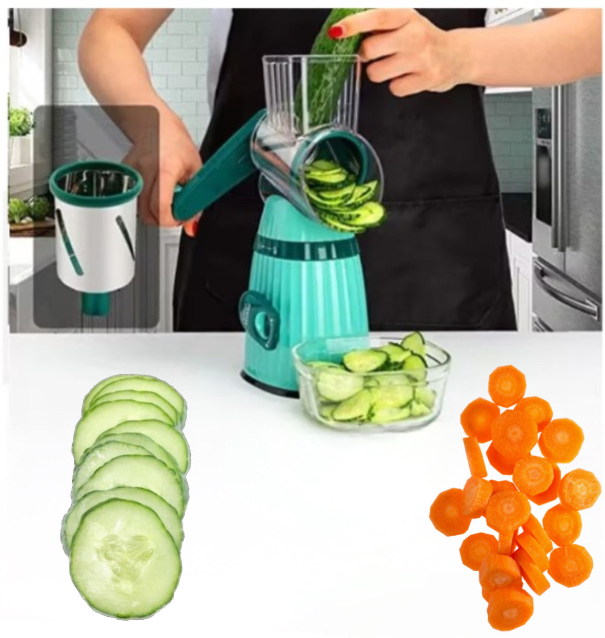 Răzătoare 3 în 1 manuală cu lame inox – verde funcțională