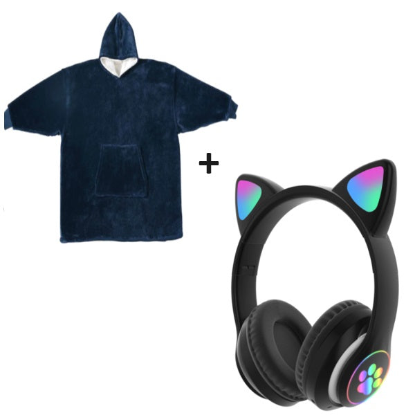 Set hanorac-pătură + căști pliabile cu urechi de pisică, Bluetooth
