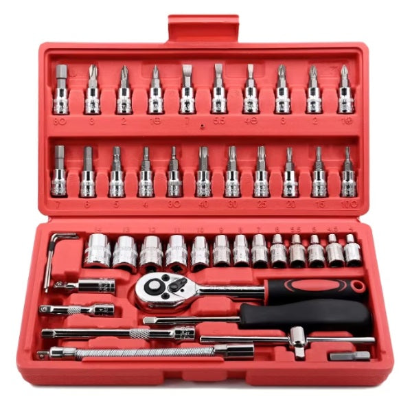 Set 46 piese — chei tubulare și șurubelnițe multicolore, organizator compact