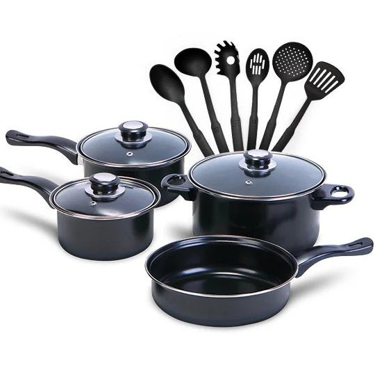 Set 13 Piese pentru Gătit – Oale și Tigaie Antiaderente cu Ustensile și Capace din Sticlă